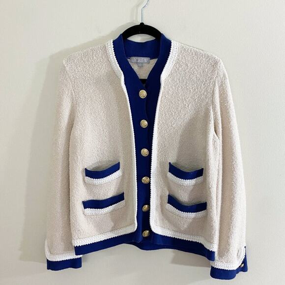 J. Crew Cream/Navy Boucle Cardigan Sweater Pockets Button Up Women's Size Medium - Picture 2 of 10